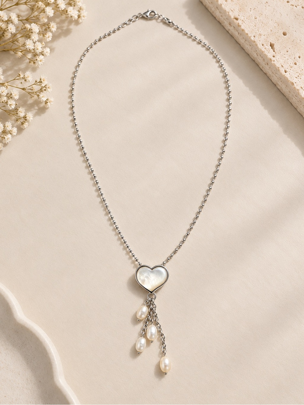 Mother-of-Pearl Heart Pendant Necklace with Freshwater Pearl Tassels